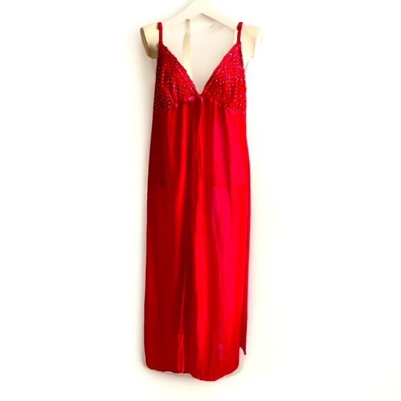 Vintage Fredericks of Hollywood Sheer Long  Gown Red Lingerie Rhinestone 1X Plus - Picture 1 of 8